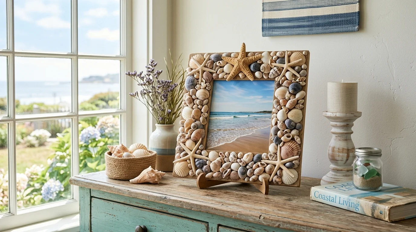 A picture frame decorated with glued seashells and starfish displayed on a console table bright natural lighting charming beach inspired decor no people