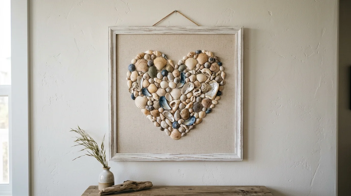 A wall art piece made from seashells arranged into a heart shape on a canvas hung on a neutral wall soft lighting handmade coastal design no people