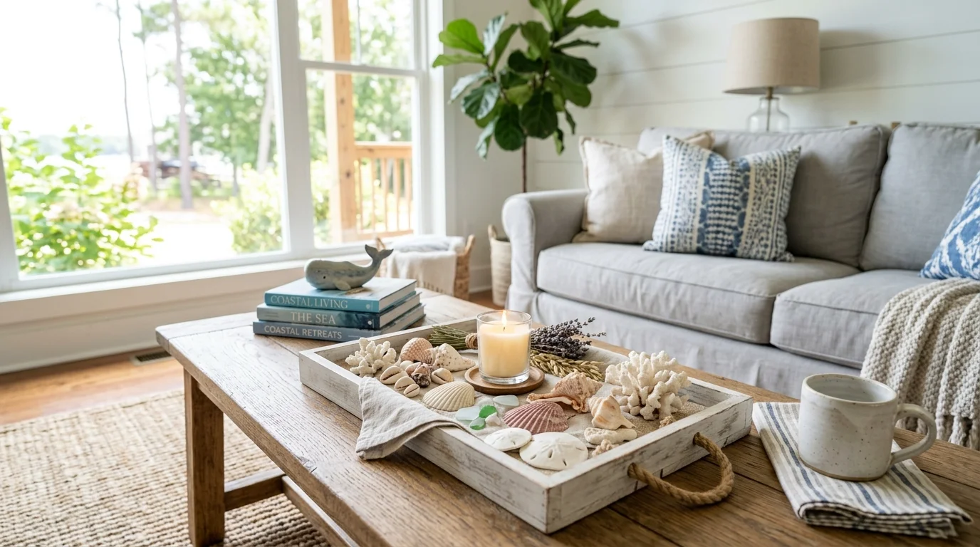 A tray styled with seashells coral pieces and a small candle placed on a coffee table bright daylight fresh coastal farmhouse look no people