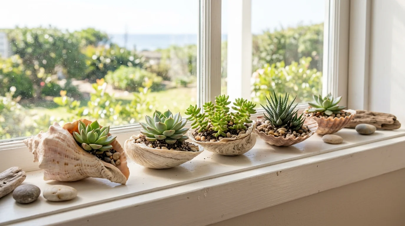 A set of small planters made from large seashells holding succulents placed on a windowsill bright natural lighting creative beachy decor no people
