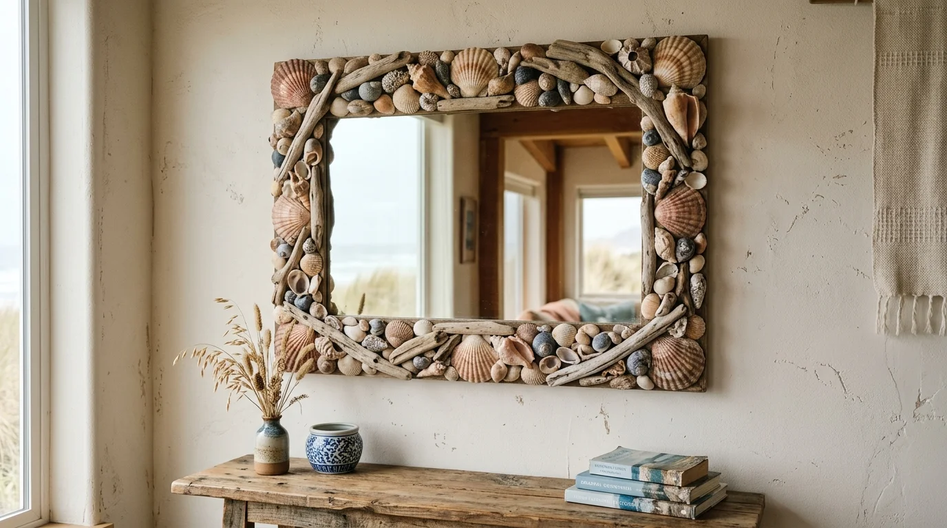 A mirror framed with seashells and driftwood mounted on a wall soft natural light coastal rustic accent piece no people