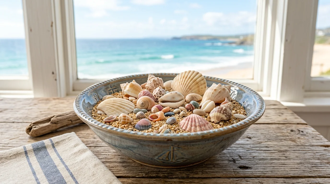 A decorative bowl filled with assorted seashells and sand placed on a table bright lighting simple ocean inspired styling no people