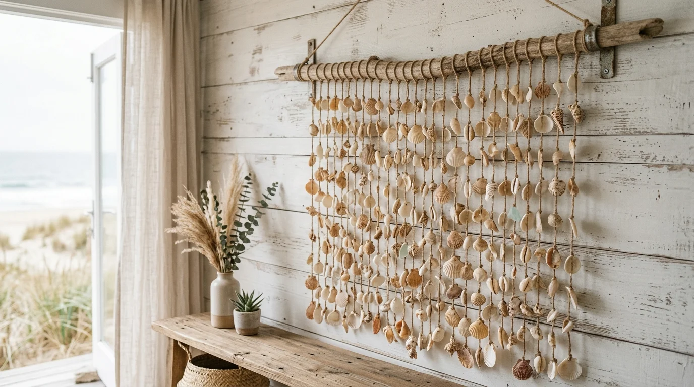 A hanging wall decor made with stringed seashells forming a curtain like display soft diffused lighting breezy coastal texture no people