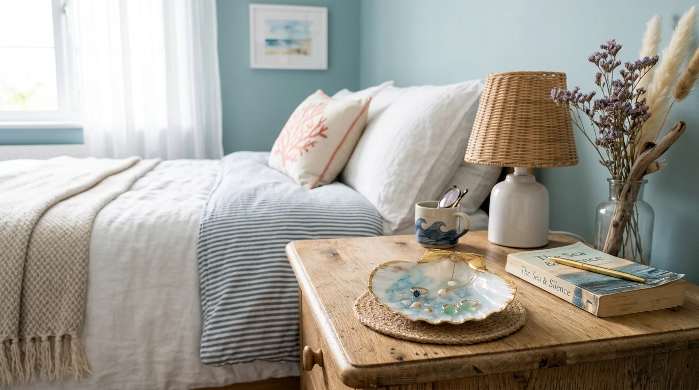 A DIY seashell jewelry dish placed on a bedside table with small accessories bright soft lighting elegant coastal touch no people