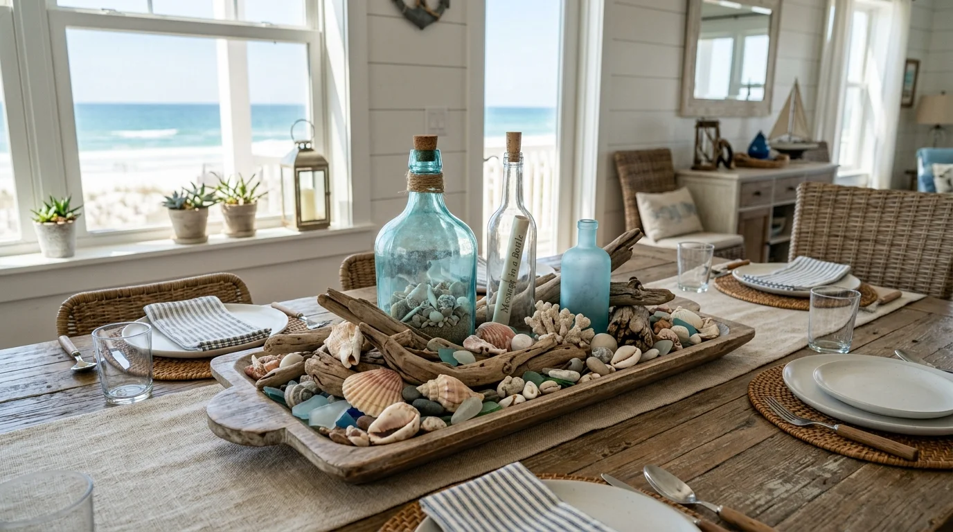 A coastal centerpiece with seashells driftwood and glass bottles arranged on a dining table bright natural lighting relaxed beach house decor no people