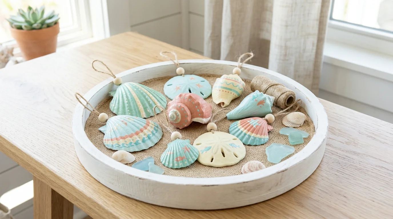 A set of seashell ornaments painted in soft pastel tones placed on a decorative tray bright lighting playful coastal craft idea no people