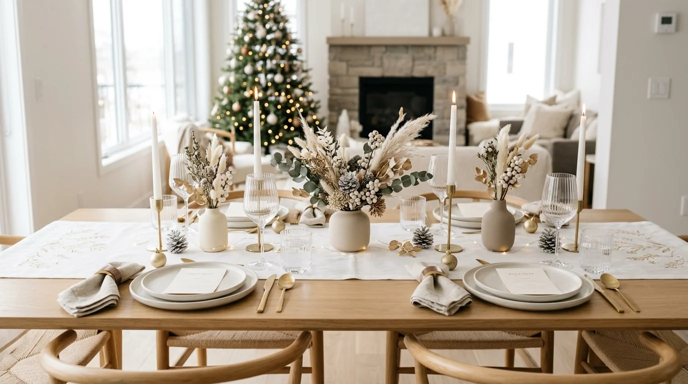A modern holiday table with a white linen runner decorated with subtle gold embroidery, minimalist tableware, crystal glasses, and soft neutral decor, bright airy lighting, clean aesthetic, no people