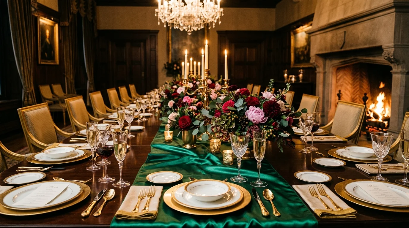 A luxurious dining table with a long satin emerald green runner, gold-rimmed plates, crystal glassware, and lush floral centerpiece, dramatic warm lighting, elegant composition, no people