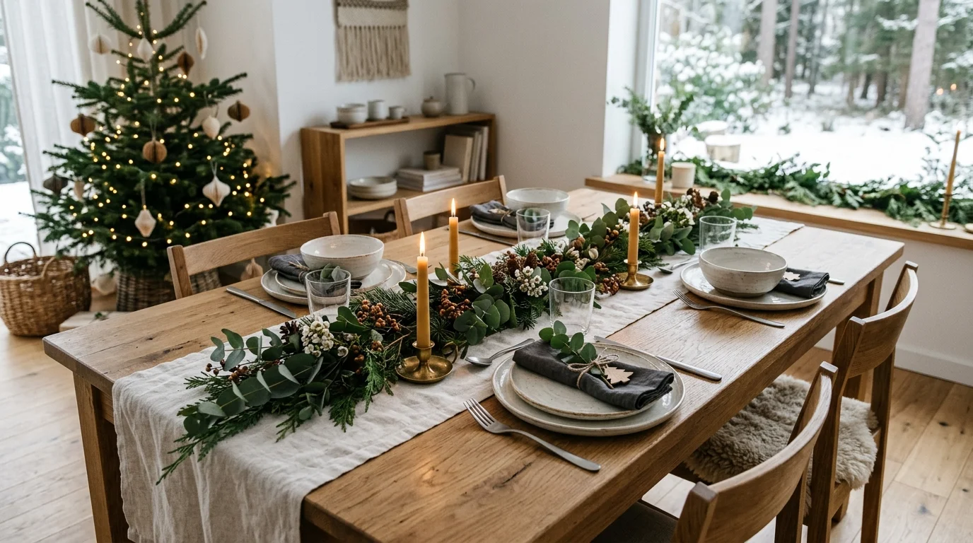 A Scandinavian-inspired table with a simple off-white linen runner, natural wood table, ceramic dishes, and eucalyptus garland, soft natural daylight, minimalist festive style, no people