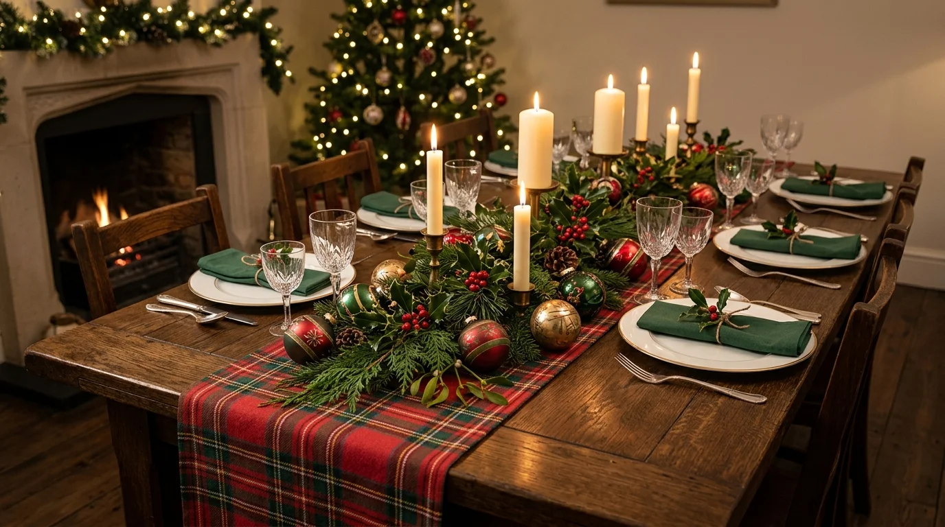 A traditional holiday table with plaid red and green runner, classic Christmas ornaments, holly sprigs, and glowing candles, warm nostalgic atmosphere, centered composition, no people