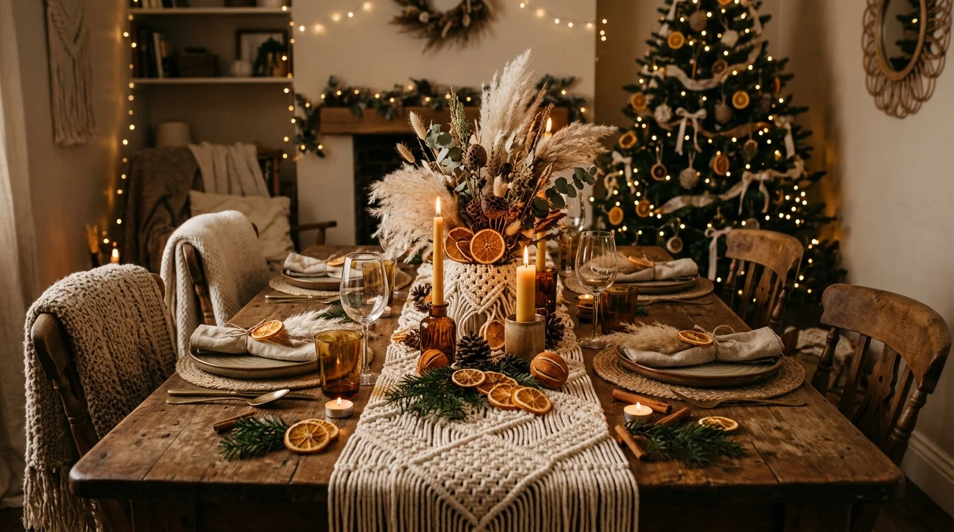 A boho Christmas table with macramé runner, earthy tones, dried orange slices, pampas grass centerpiece, and woven textures, warm cozy lighting, relaxed festive vibe, no people