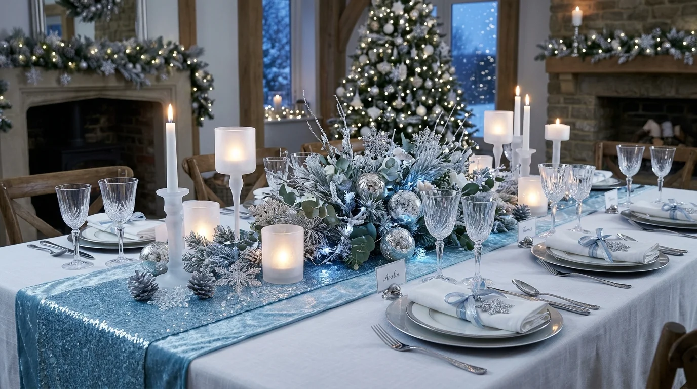 A winter wonderland themed table with icy blue runner, silver accents, snowflake decor, and frosted candle holders, cool elegant lighting, crisp festive mood, no people