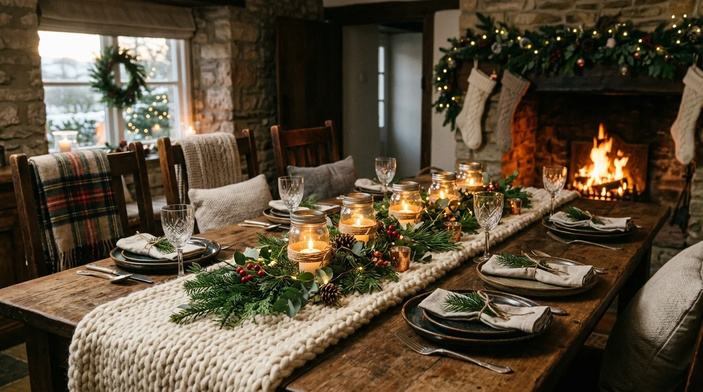 A farmhouse dining table with knitted chunky wool runner, rustic wood accents, mason jar candles, and greenery, warm inviting glow, cozy holiday atmosphere, no people