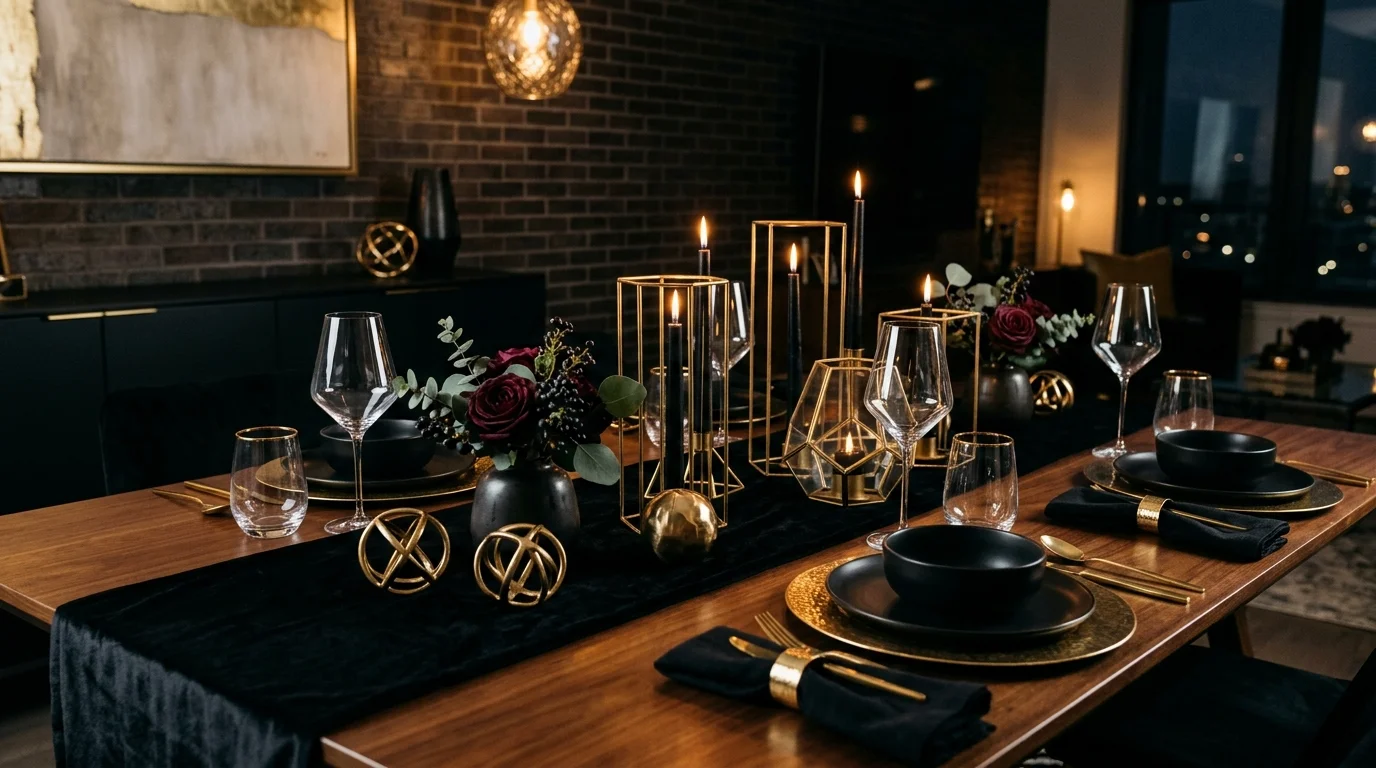 A modern glam table with black velvet runner, metallic gold accents, geometric candle holders, and sleek glassware, moody dramatic lighting, stylish composition, no people