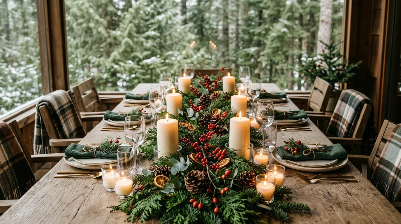 A natural greenery-themed table with evergreen garland runner, pinecones, berries, and soft white candles, fresh forest-inspired aesthetic, soft daylight, no people
