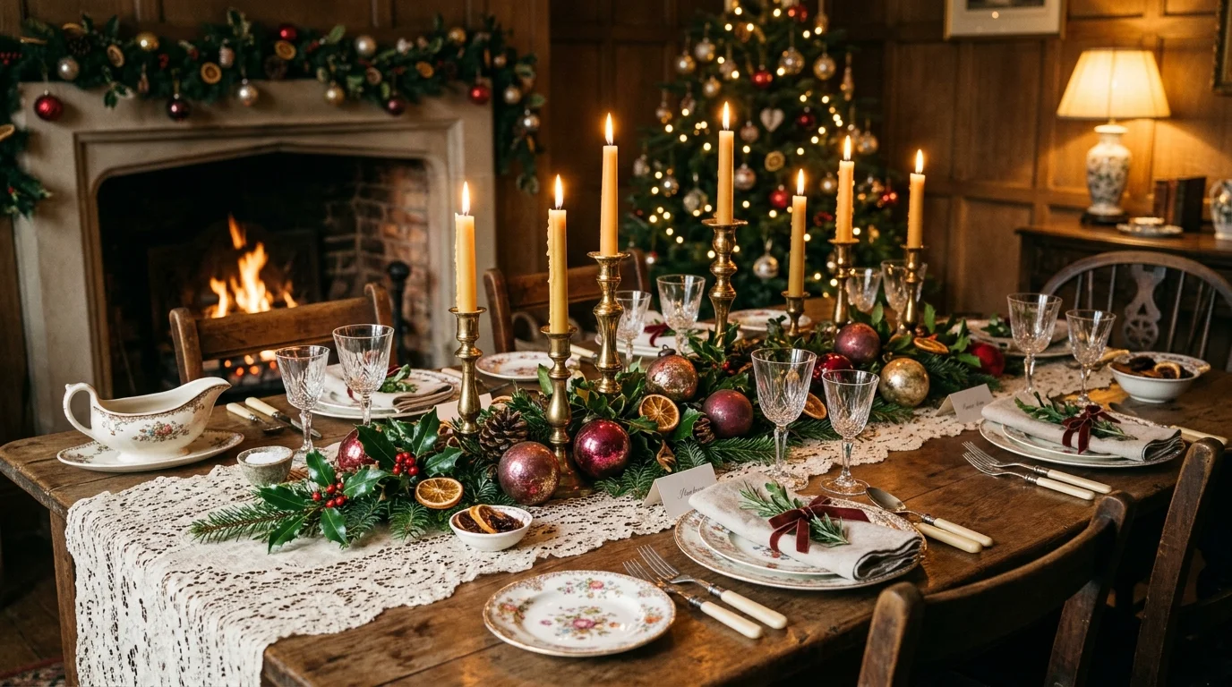 A vintage-inspired Christmas table with lace runner, antique dishware, brass candlesticks, and faded red ornaments, nostalgic warm lighting, elegant old-world charm, no people