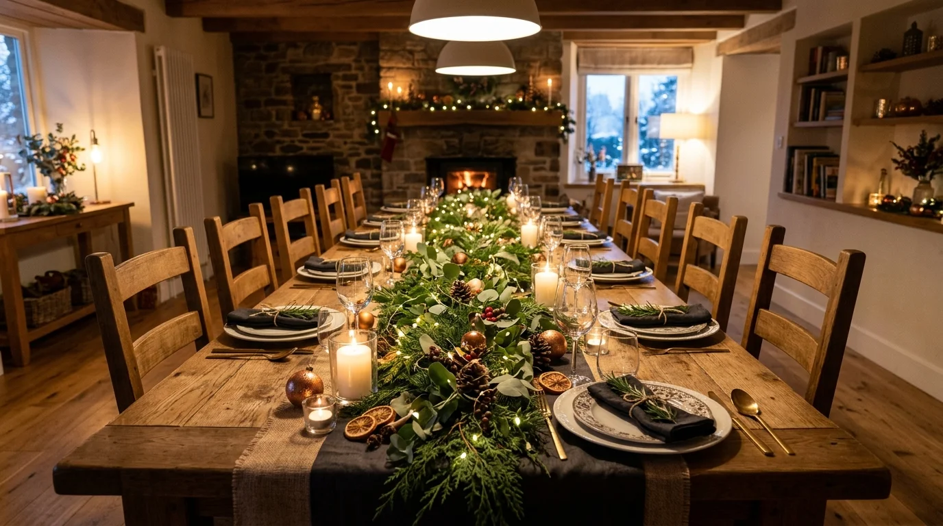 A festive layered table runner setup combining fabric, greenery, and fairy lights across a long dining table, glowing warm ambiance, balanced wide-angle composition, no people