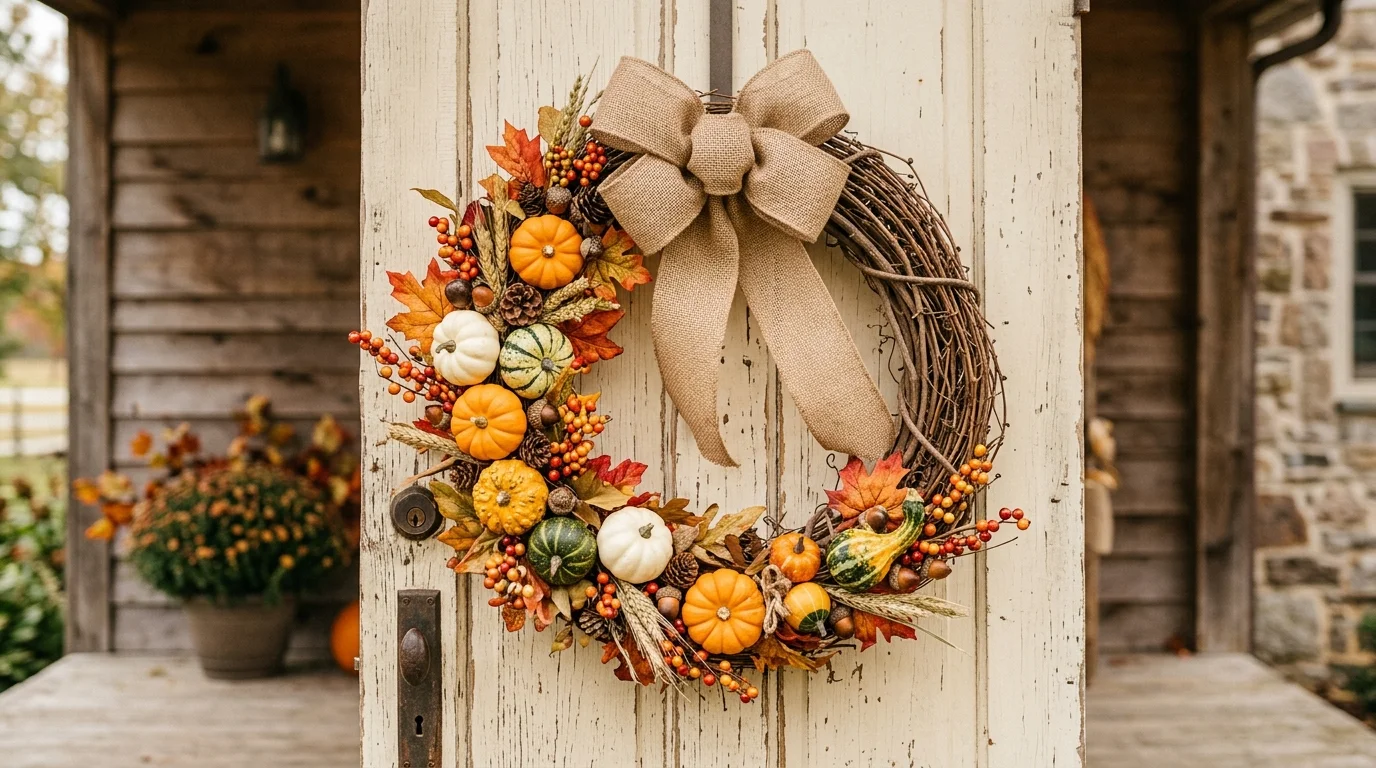 A DIY wreath with mini pumpkins and gourds attached to a vine base with a burlap bow bright natural daylight rustic farmhouse fall style no people