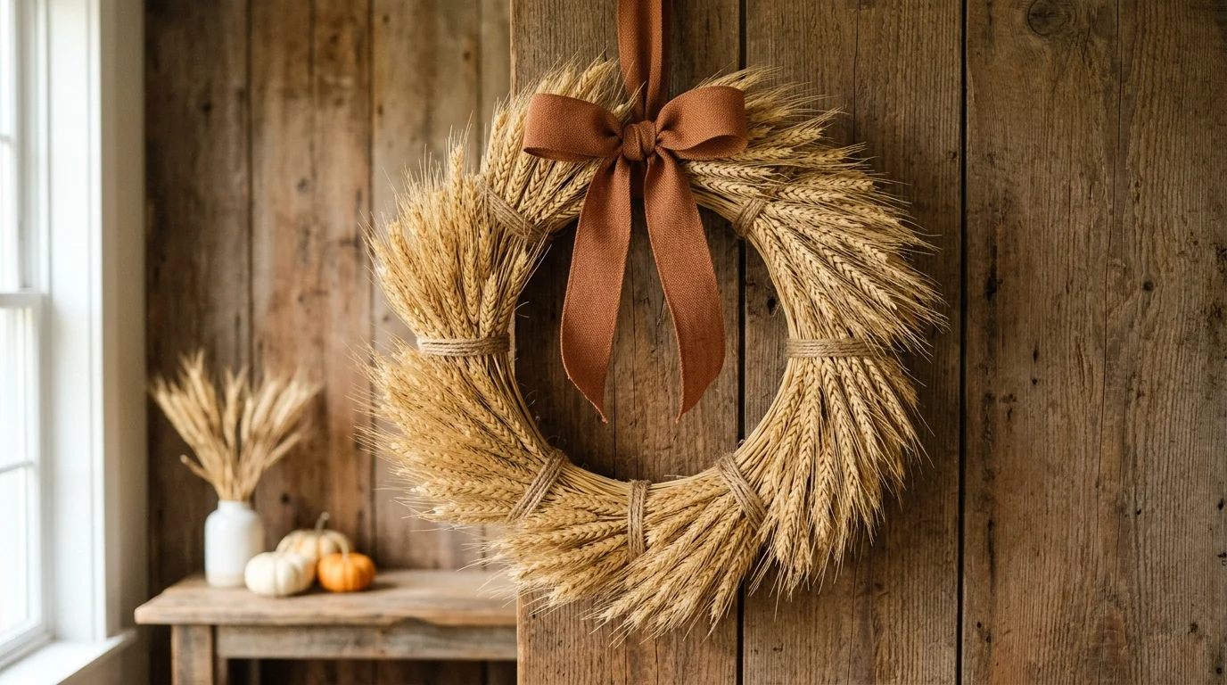 A wreath crafted from wheat bundles tied together with twine and a ribbon soft natural light simple elegant autumn decor no people
