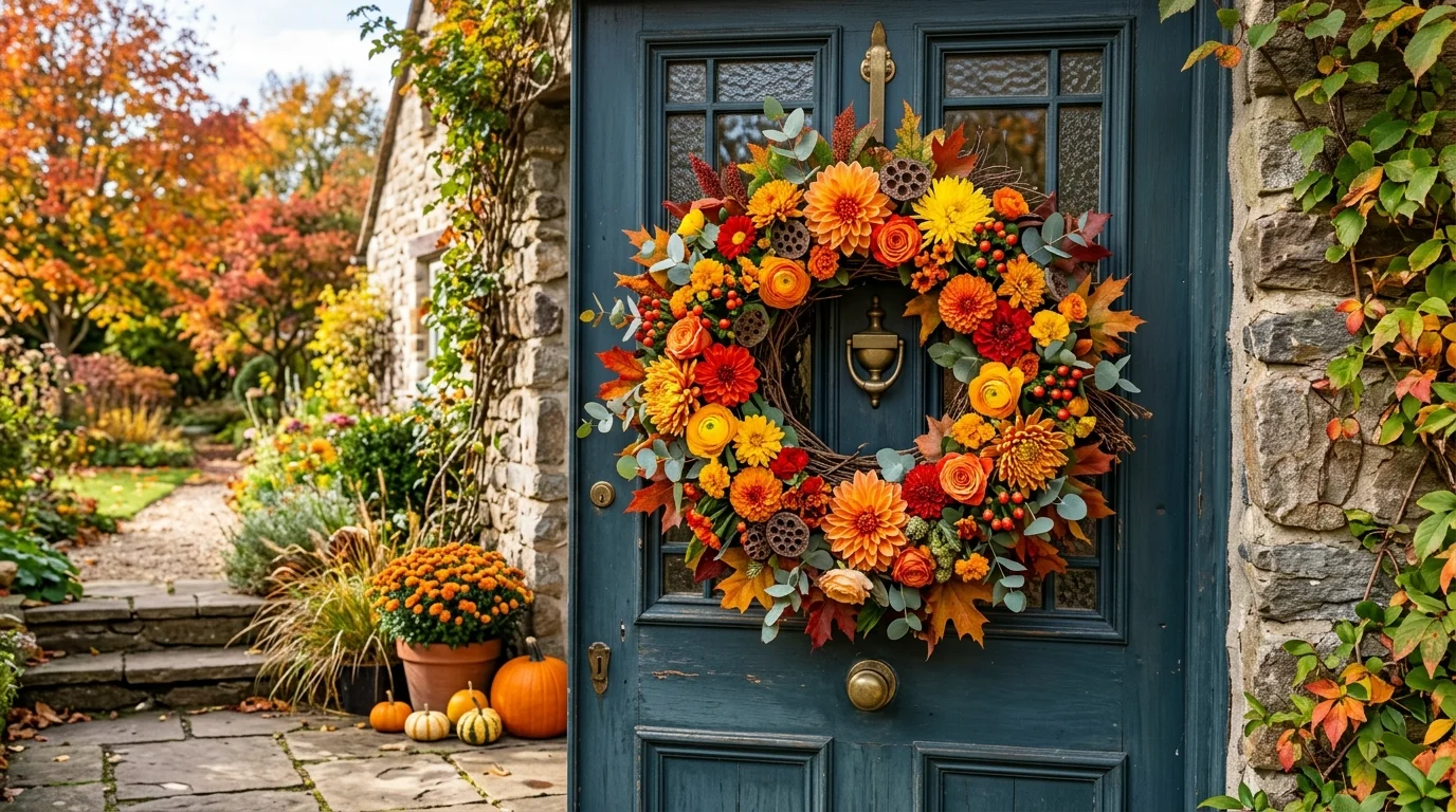 A floral wreath with orange yellow and red blooms arranged in a full circular design bright daylight vibrant fall entrance no people