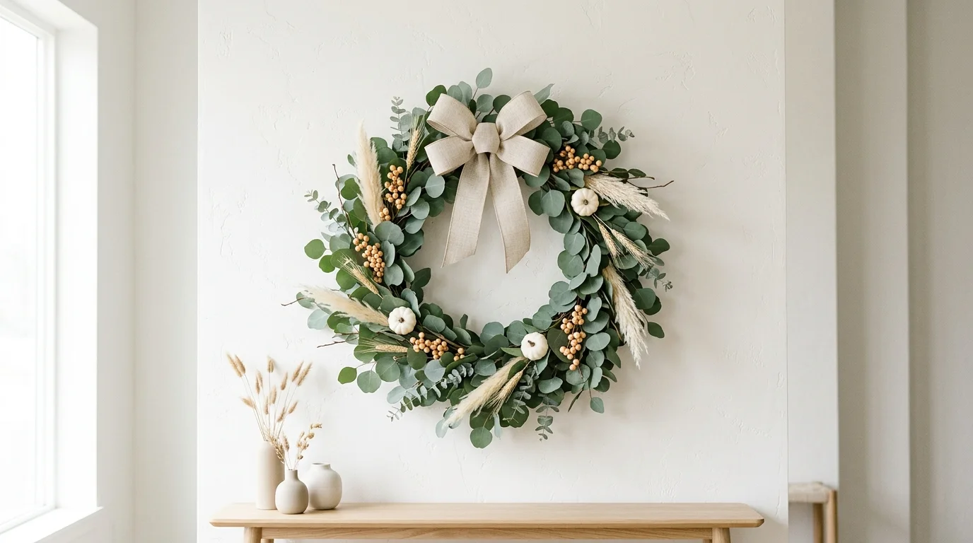 A wreath made from eucalyptus greenery with subtle fall accents and a neutral bow bright natural light modern minimalist autumn style no people