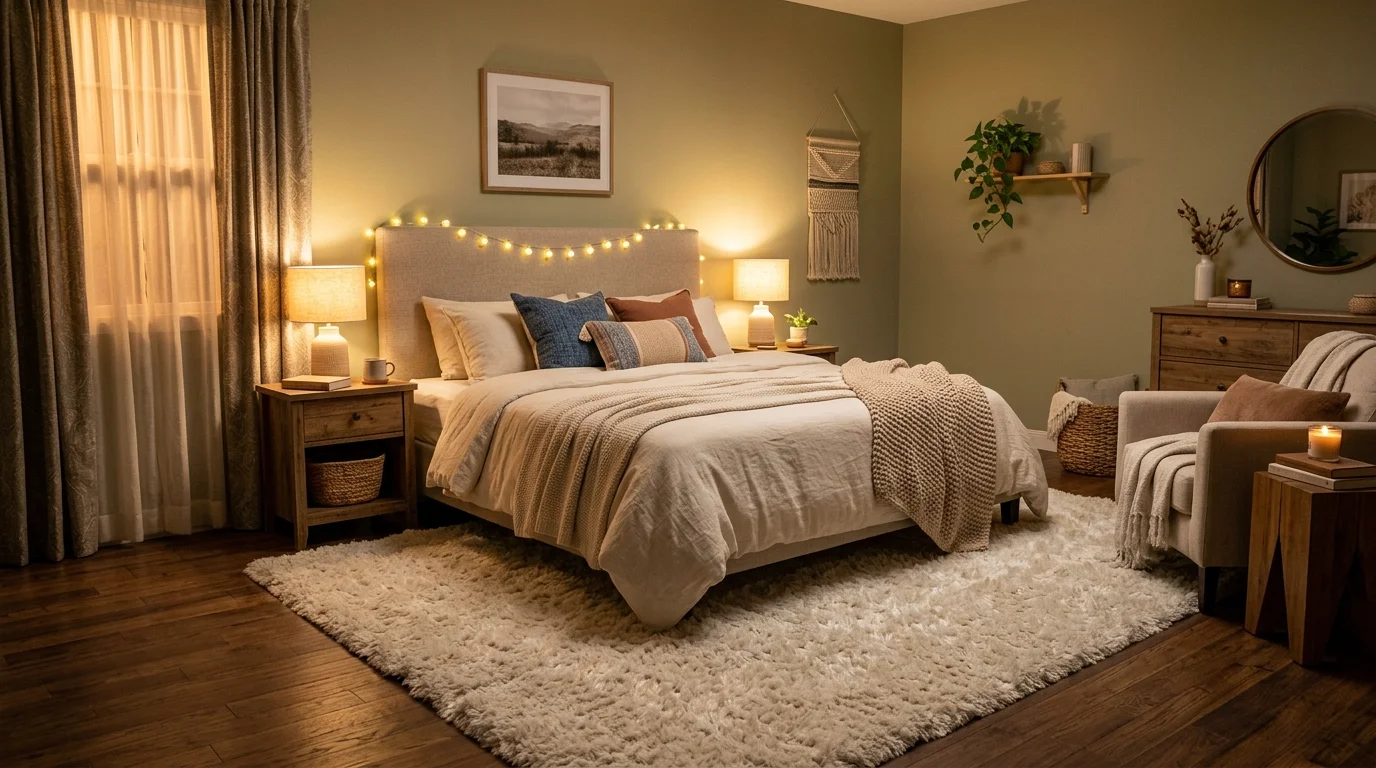 A bedroom with a soft plush rug placed under the bed extending outward warm ambient lighting inviting comfortable atmosphere no people