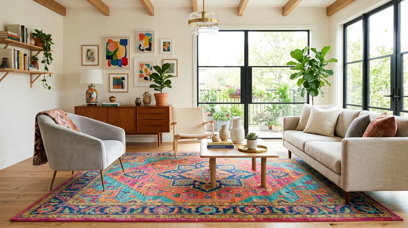 A living space with a bold colorful rug acting as a statement piece against neutral furniture bright lighting vibrant stylish design no people