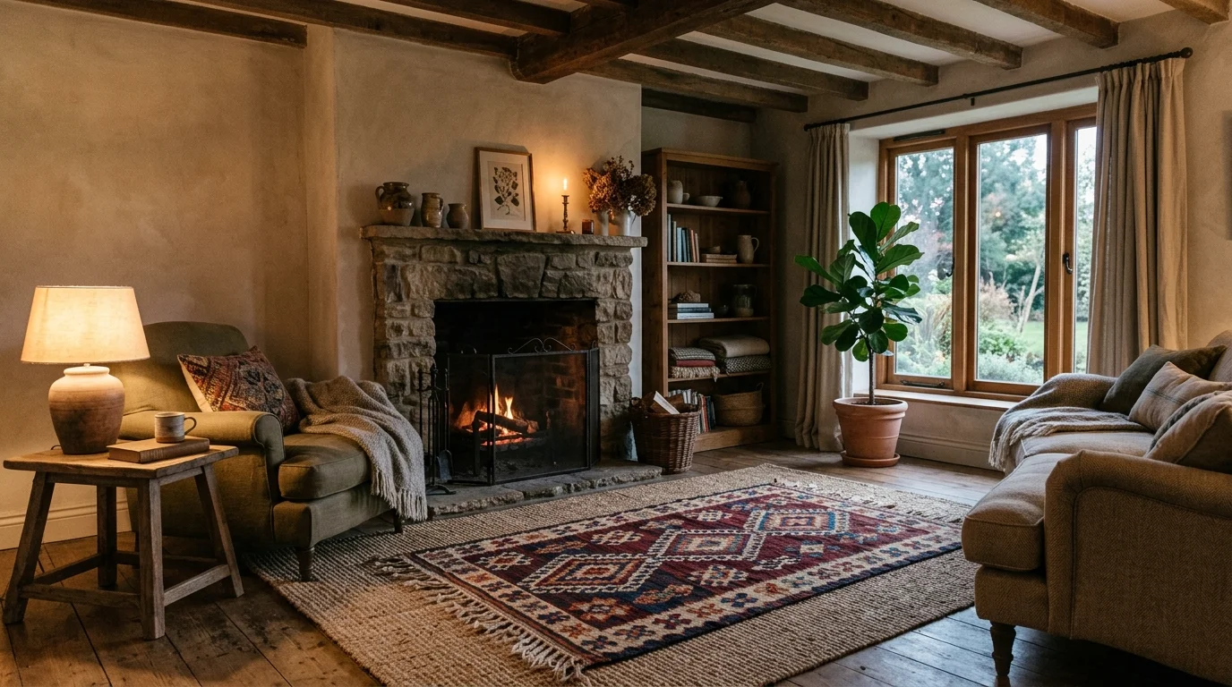 A rustic room with a jute rug layered with a smaller woven rug warm soft lighting earthy textured aesthetic no people