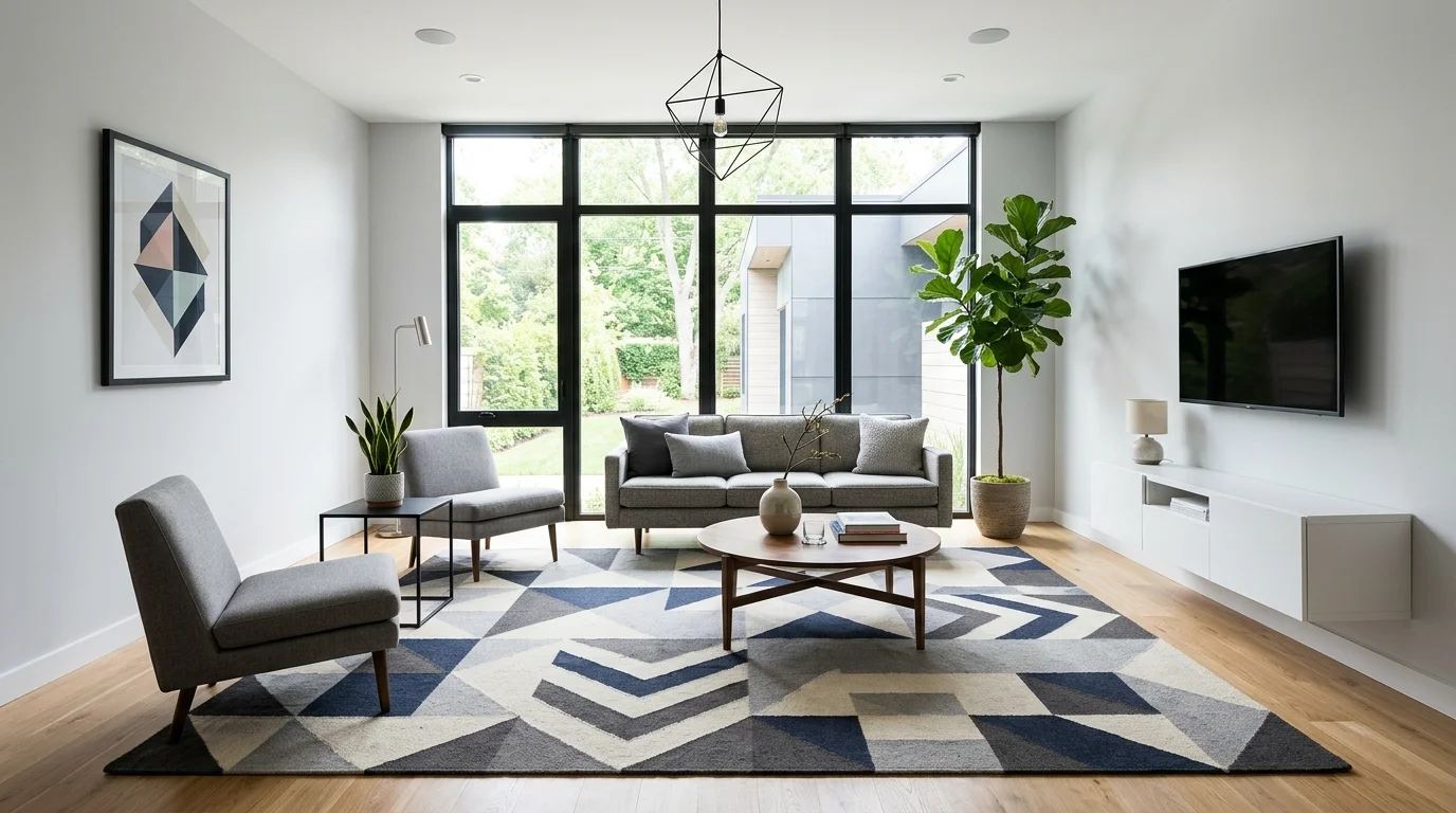 A modern living room with a geometric patterned rug paired with minimalist furniture bright lighting clean contemporary look no people