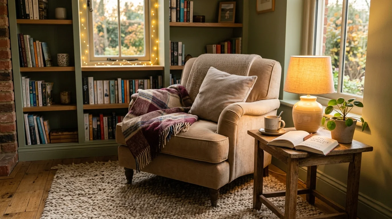 A cozy reading nook with a soft rug under a chair and side table warm lighting inviting relaxing corner no people