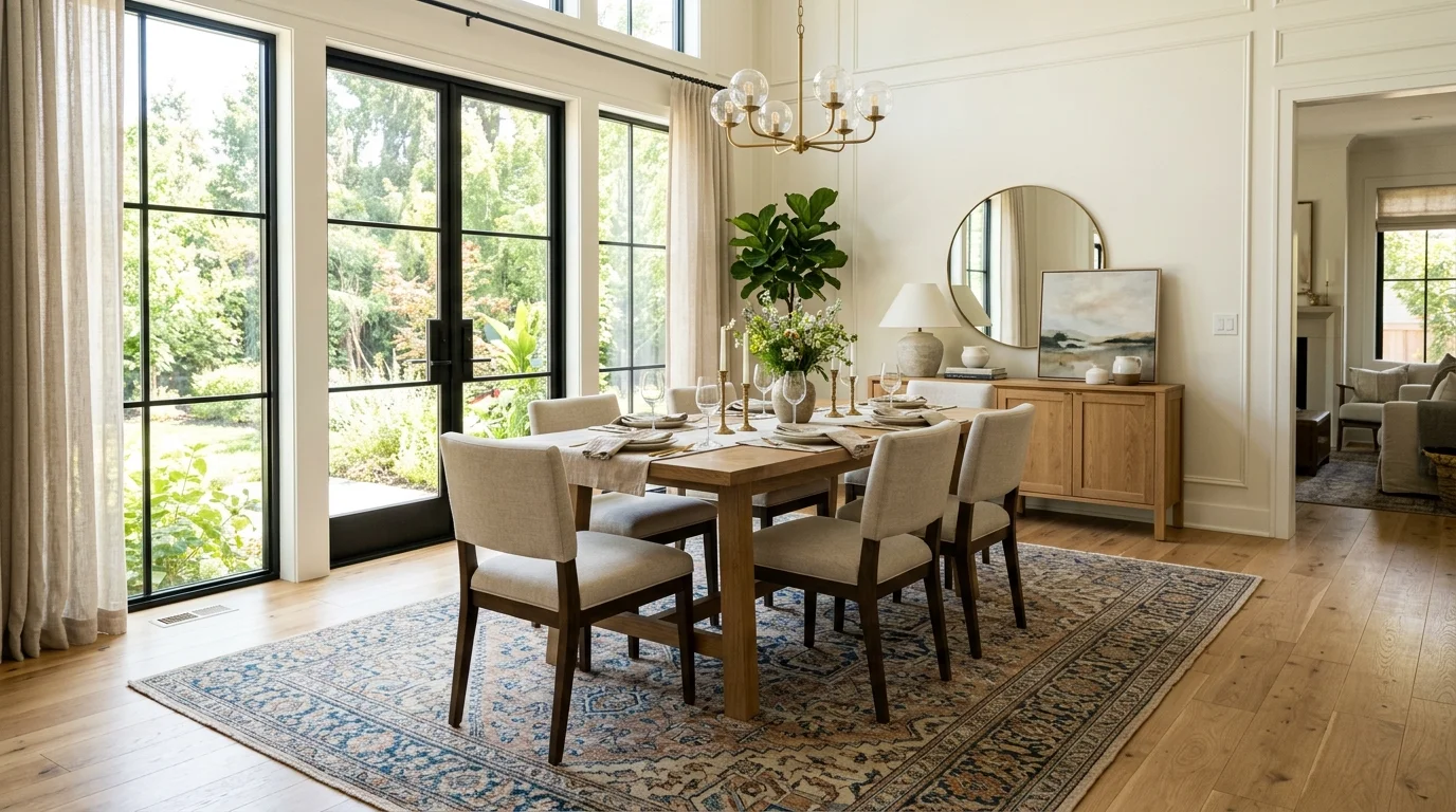 A dining area with a large rug under the table defining the space bright natural daylight cohesive interior design no people
