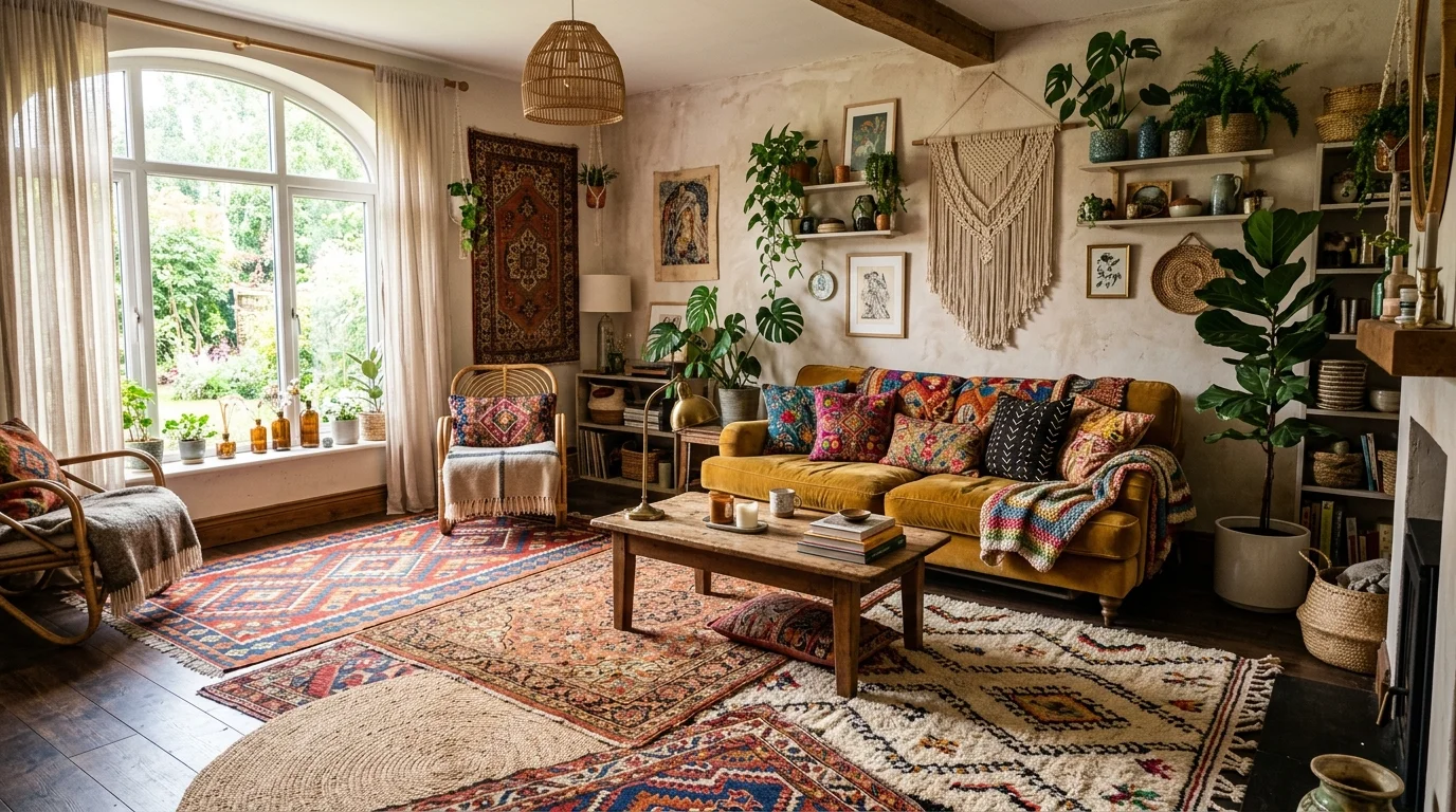 A bohemian room with multiple rugs layered in different patterns and colors bright lighting eclectic textured vibe no people