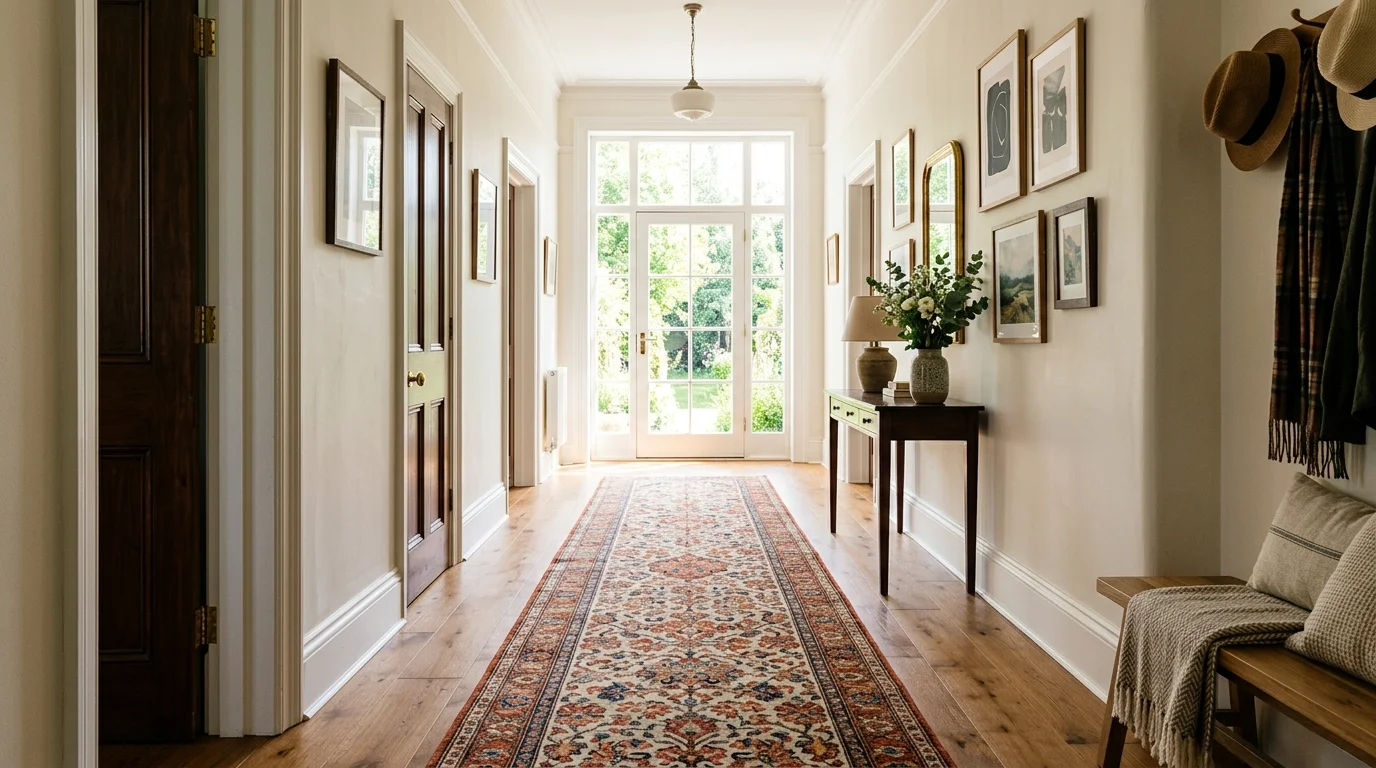 A hallway with a long runner rug adding warmth and style bright natural light welcoming passage design no people