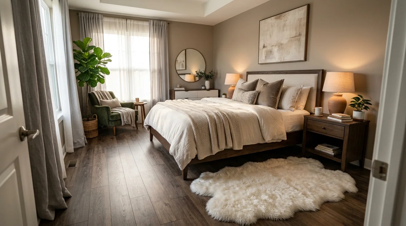 A bedroom with a faux fur rug placed beside the bed soft lighting luxurious cozy touch no people