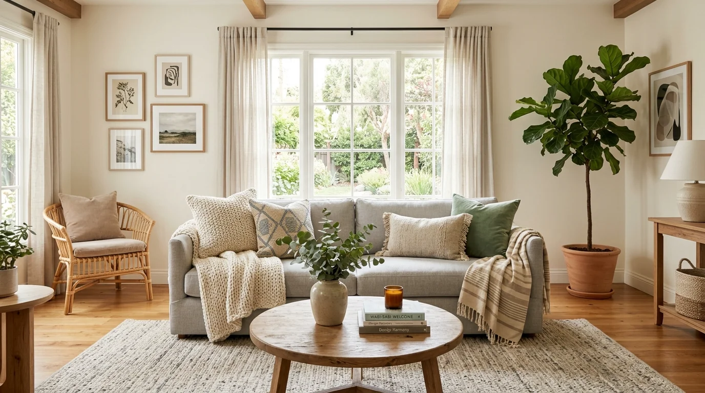 A living room with a neutral rug paired with textured pillows and throws bright natural daylight harmonious balanced decor no people