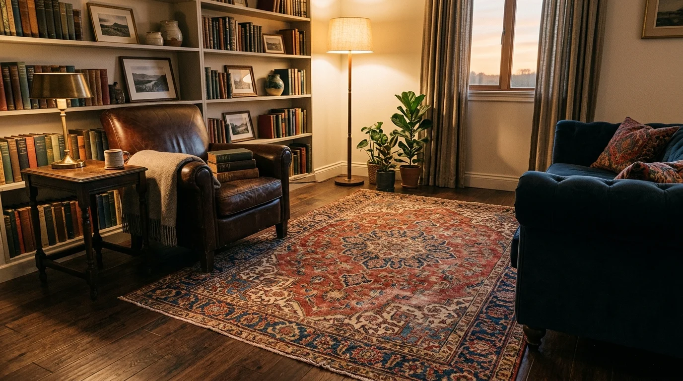 A space with a vintage rug adding character and depth to the room warm lighting timeless decorative element no people