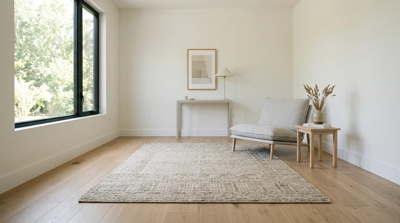 A minimalist room with a simple rug adding subtle texture bright natural daylight clean understated design no people