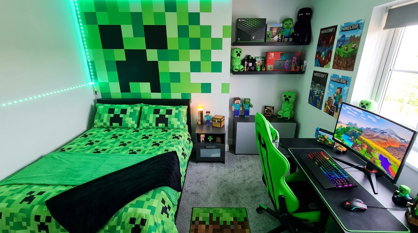 A bedroom featuring a Creeper face wall art design with bold green and black blocks paired with matching bedding bright lighting fun gamer themed setup no people