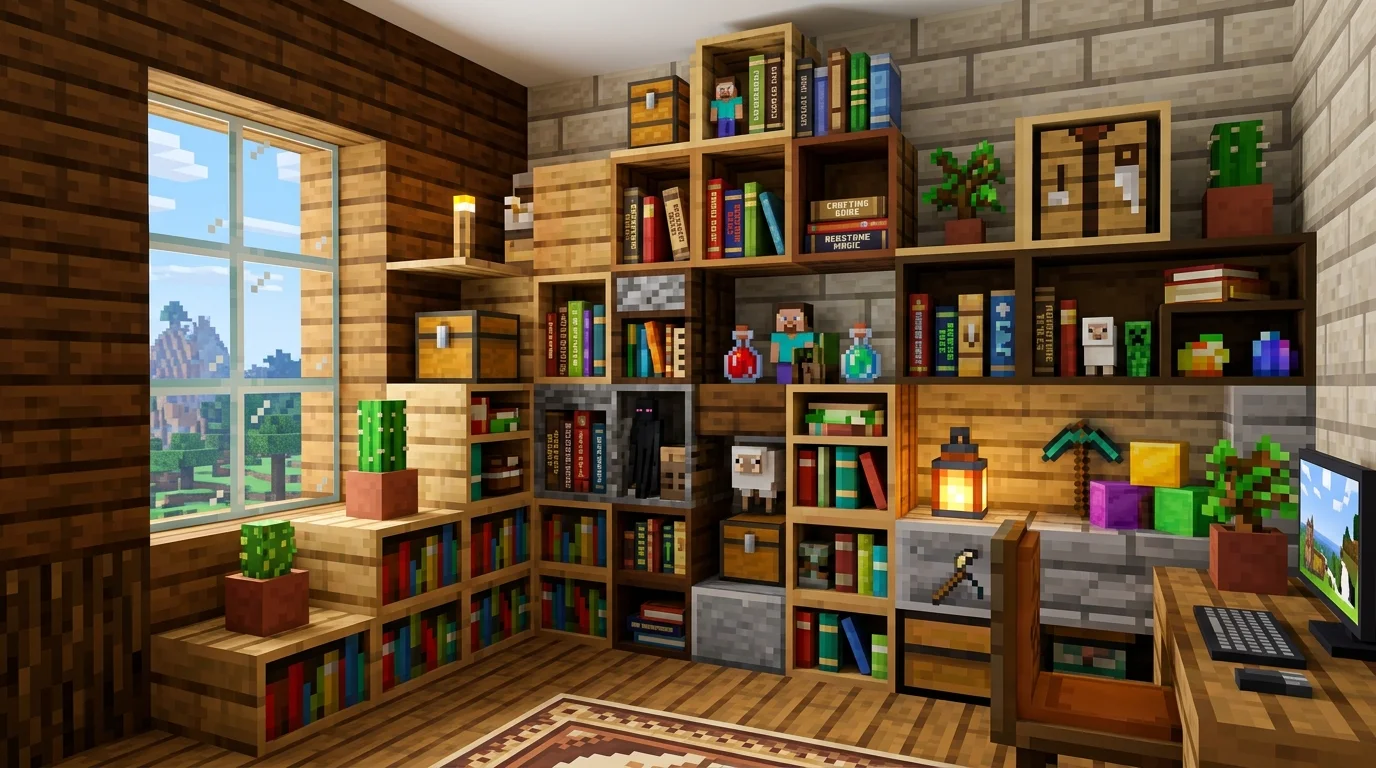 A room with pixel style shelving units designed like Minecraft blocks holding books and decor items bright lighting creative functional design no people