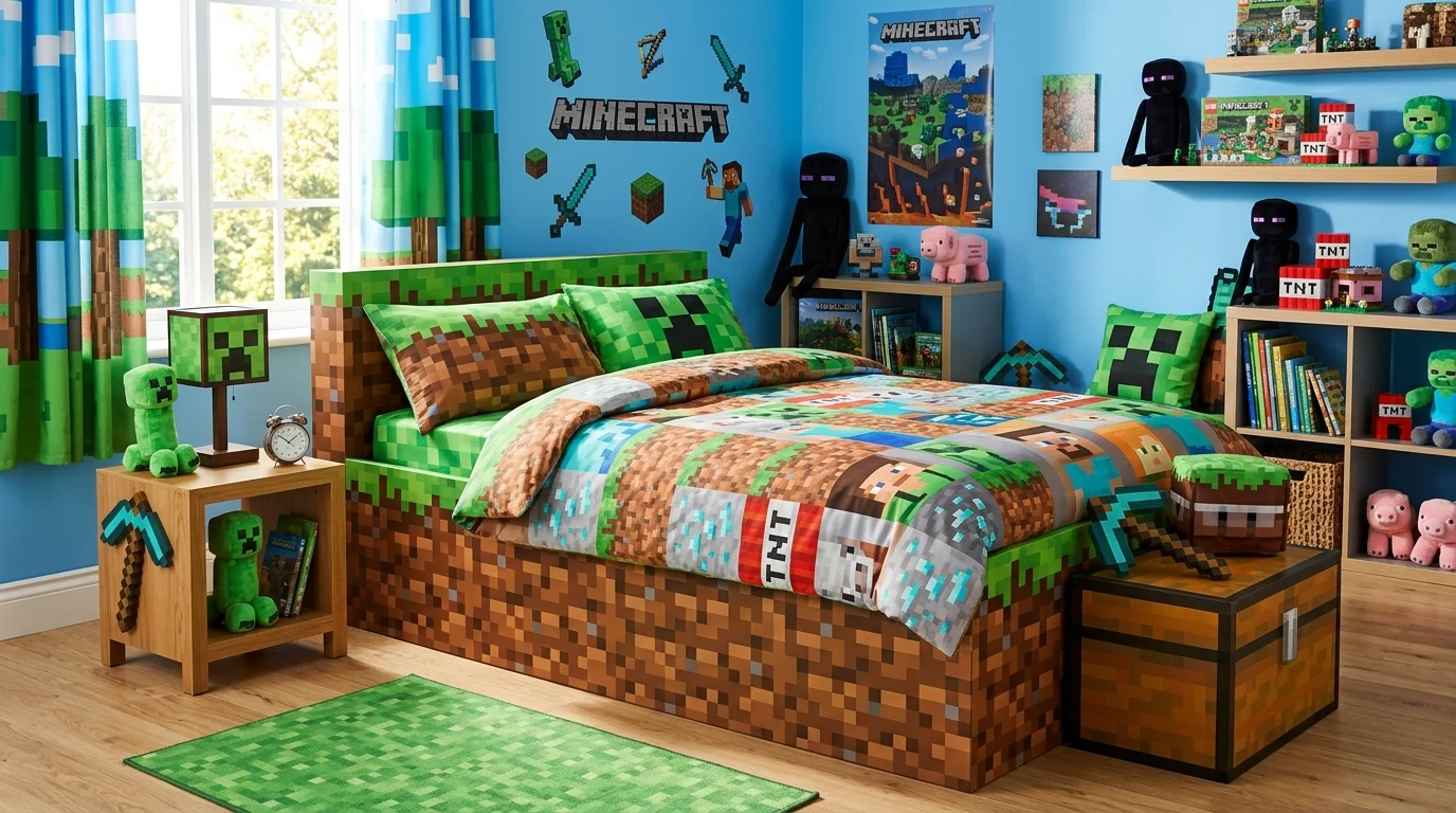 A bed designed to look like a Minecraft dirt block with grass top pattern paired with themed bedding bright lighting playful gaming inspired room no people