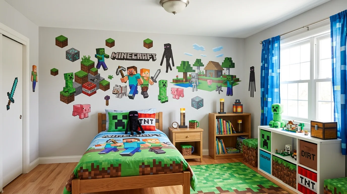 A bedroom with wall decals of Minecraft characters and blocks arranged creatively on a neutral wall bright lighting lively interactive decor no people