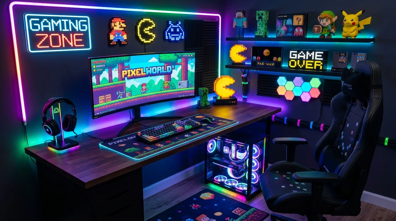 A gaming corner with a desk setup featuring pixel themed accessories and LED lighting bright lighting modern gamer vibe no people