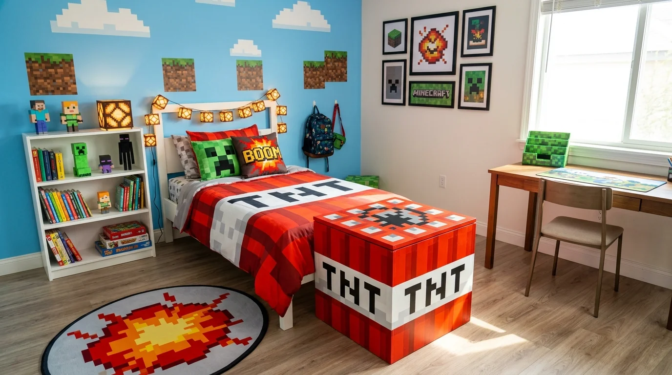 A bedroom with a TNT block inspired storage box and matching decor elements bright lighting fun creative theme no people