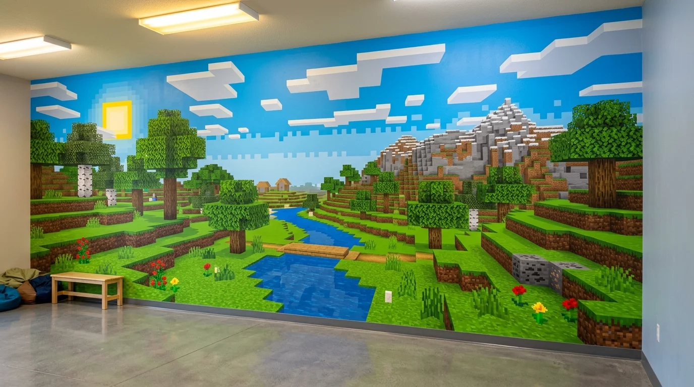 A wall mural featuring a Minecraft landscape with trees sky and blocks bright lighting immersive game inspired environment no people