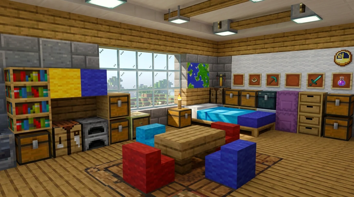 A room with cube shaped furniture and storage units mimicking Minecraft blocks bright lighting cohesive blocky design no people