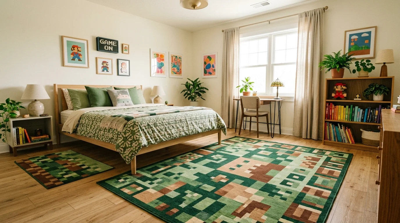 A bedroom with pixelated rugs in green and brown tones placed on the floor bright lighting playful cohesive styling no people