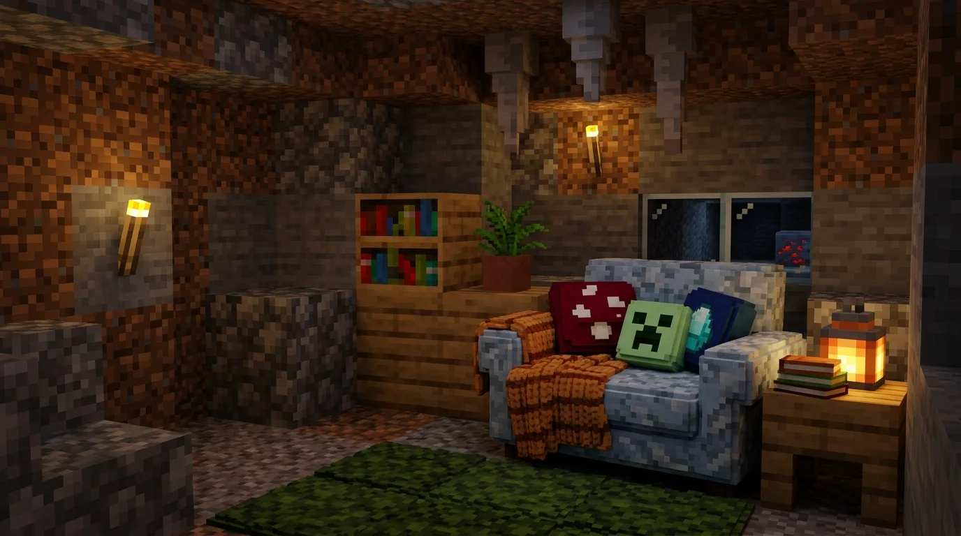 A reading nook styled like a Minecraft cave with block textures and cozy seating soft lighting imaginative themed space no people