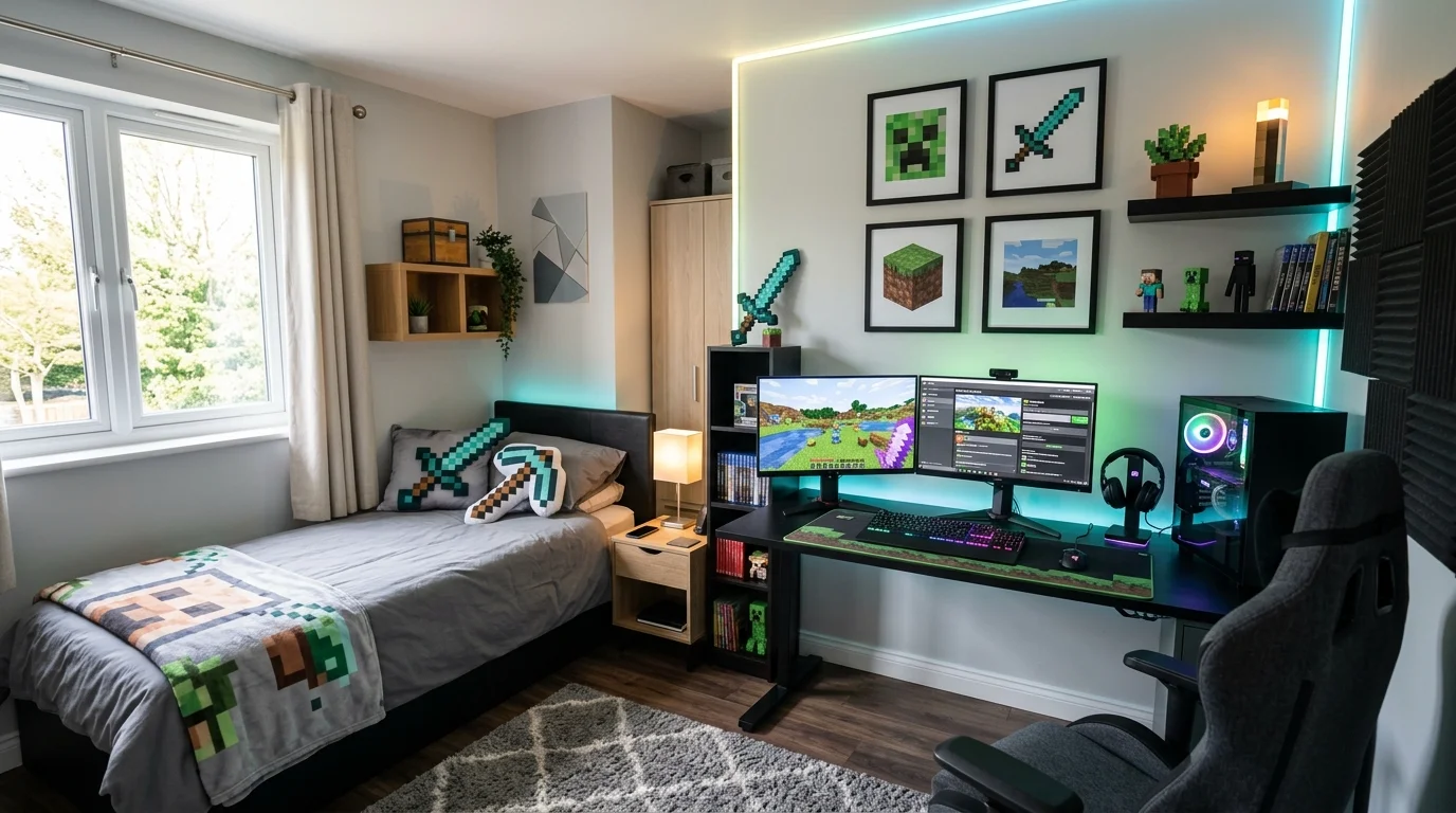 A modern gamer bedroom with subtle Minecraft accents like pixel art frames and themed decor bright lighting balanced stylish look no people