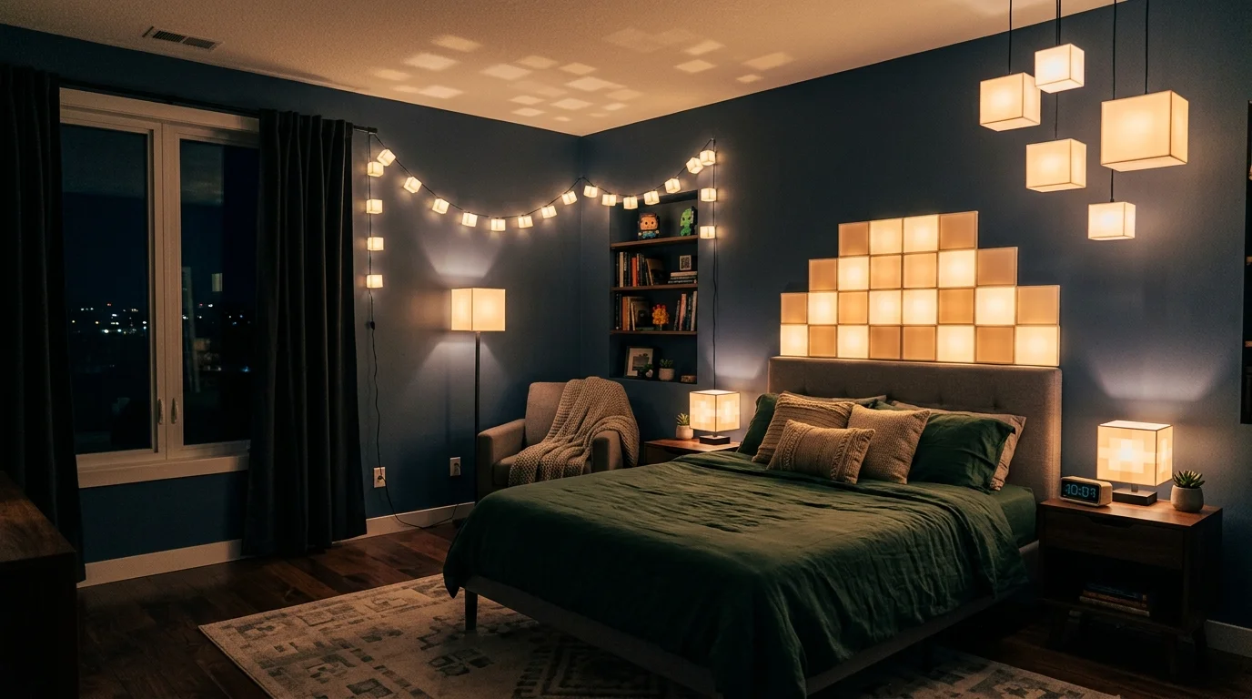 A bedroom with glow block inspired lighting fixtures creating a warm pixelated light effect soft lighting creative immersive ambiance no people