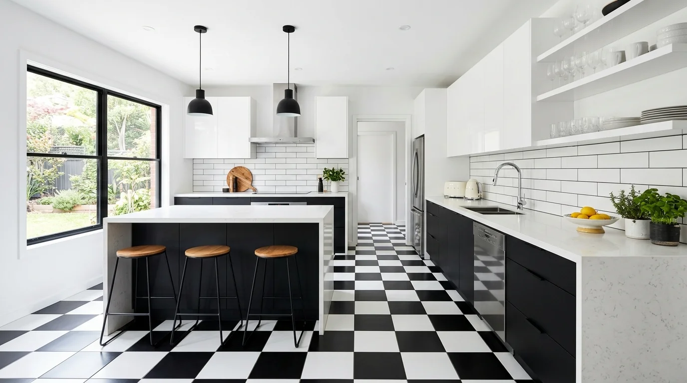 A kitchen with checkerboard tile flooring in classic black and white paired with modern cabinetry bright lighting striking visual impact no people